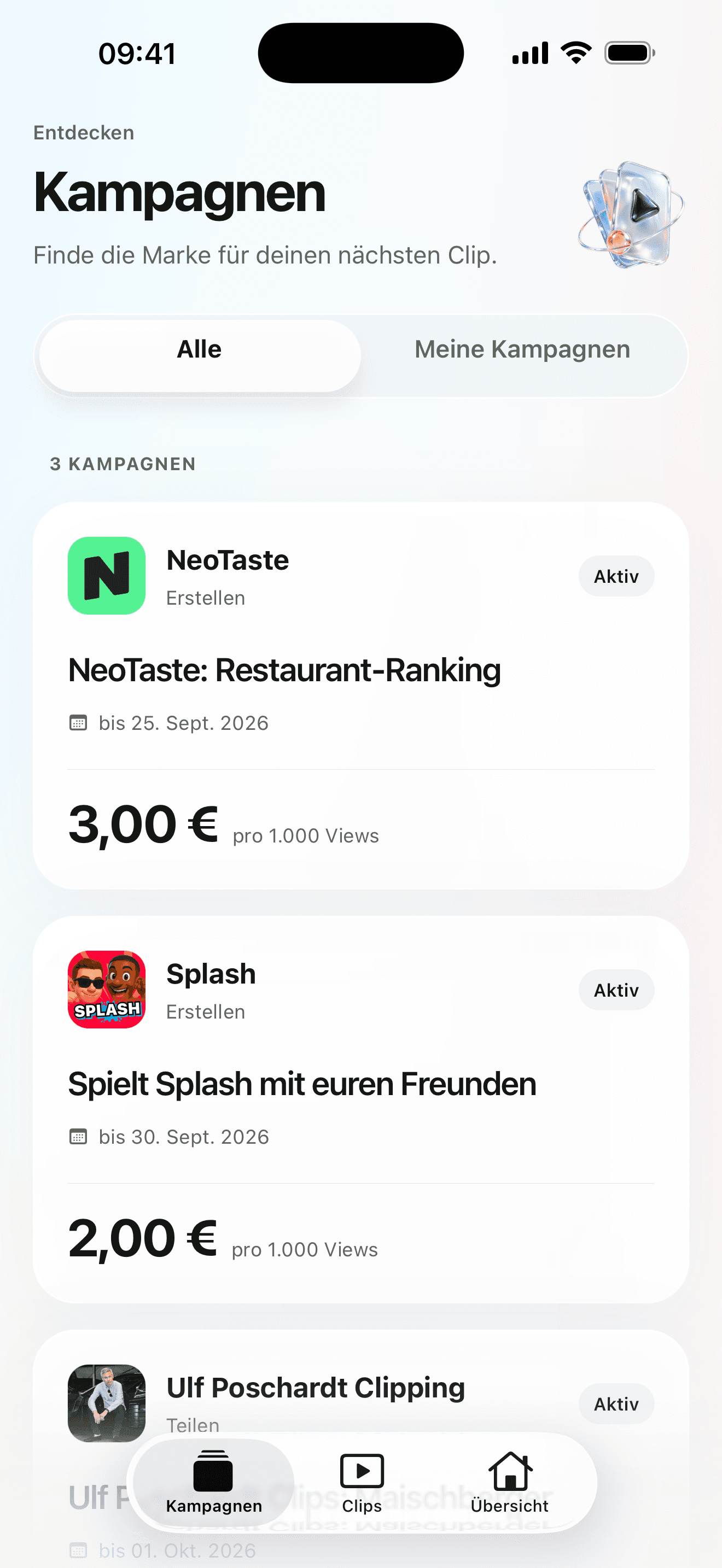 Kampagnenansicht der contentmarkt-App mit Kampagnen, Satz je 1.000 Views und Frist — Originalansicht der App auf Deutsch
